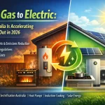 Gas to electric transition in Australia showing heat pump system, induction cooktop, and solar panels during 2026 phase-out.