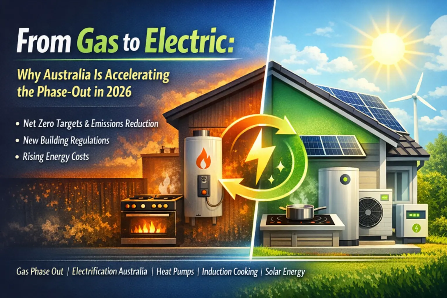 Gas to electric transition in Australia showing heat pump system, induction cooktop, and solar panels during 2026 phase-out.