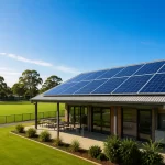 Community sporting clubhouse with commercial solar panels installed under the Sports Clubs Energy and Climate Upgrades Grant to improve energy efficiency and reduce operating costs.