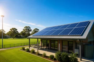 Community sporting clubhouse with commercial solar panels installed under the Sports Clubs Energy and Climate Upgrades Grant to improve energy efficiency and reduce operating costs.