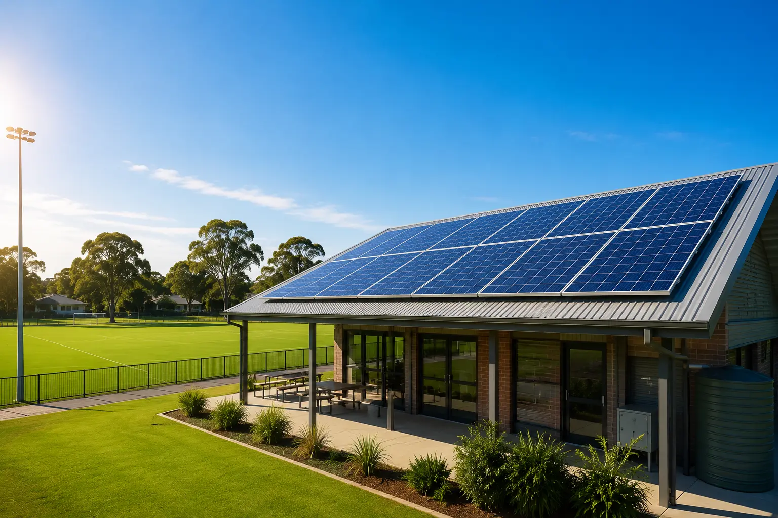 Community sporting clubhouse with commercial solar panels installed under the Sports Clubs Energy and Climate Upgrades Grant to improve energy efficiency and reduce operating costs.
