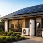 Modern Victorian home with rooftop solar panels, heat pump hot water system and EV charger demonstrating an all-electric home in Australia.
