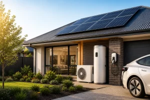Modern Victorian home with rooftop solar panels, heat pump hot water system and EV charger demonstrating an all-electric home in Australia.